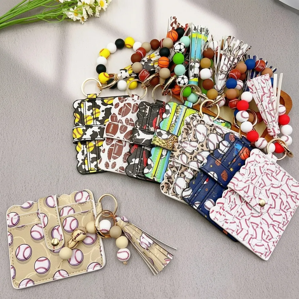 Sports Ball Pattern PU Leather Card Holder Wallet with Silicone Beaded Wristlet Keychain Tassel for Women Baseball Football