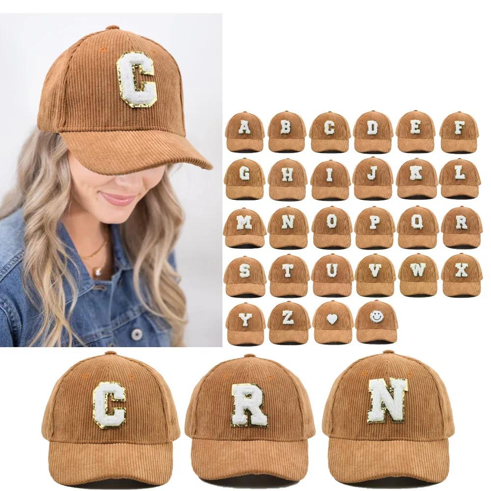 Damen Herren Cord Baseballkappe Retro Initial Buchstaben Aufnäher Pailletten Bestickt Verstellbar Sonnenschutz Hut Lässige Outdoor Sport Trucker Cap