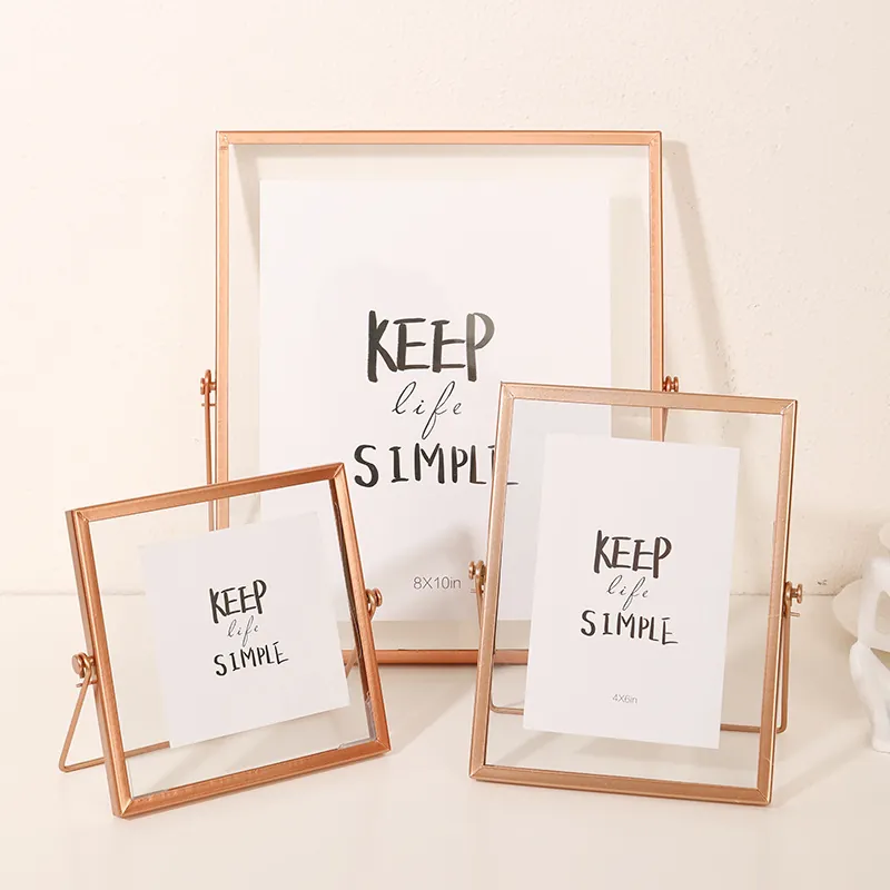 Floating Photo Frame Rose Gold Metal Double Glass Tabletop Picture Frame Minimalist Nordic Style Desktop Decor
