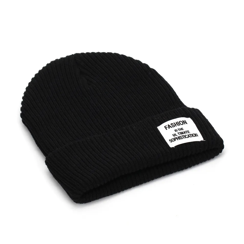 Beanie Hat Acrylic Ribbed Knit Cuffed Winter Warm Solid Color Letter Patch Minimalist For Men And Women