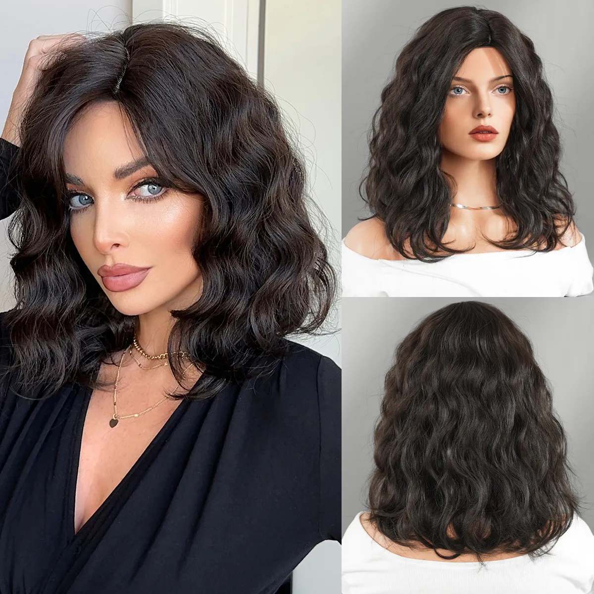 Women Mid Length Wavy Curly Synthetic Wig Heat Resistant Fiber Natural Side Part Bob Style Breathable Adjustable Cap
