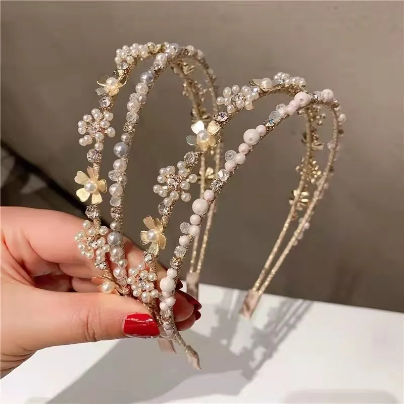 Elegant Double Layer Artificial Pearl Flower Hairband For Women Alloy Rhinestone Headband Korean Style Sweet Hair Accessories