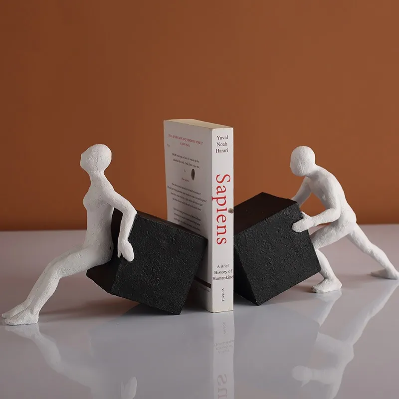Modern Minimalist Resin Abstract Human Figure Bookends Pushing Box Design Artistic Desktop Decor Home Office Bookshelf Stand