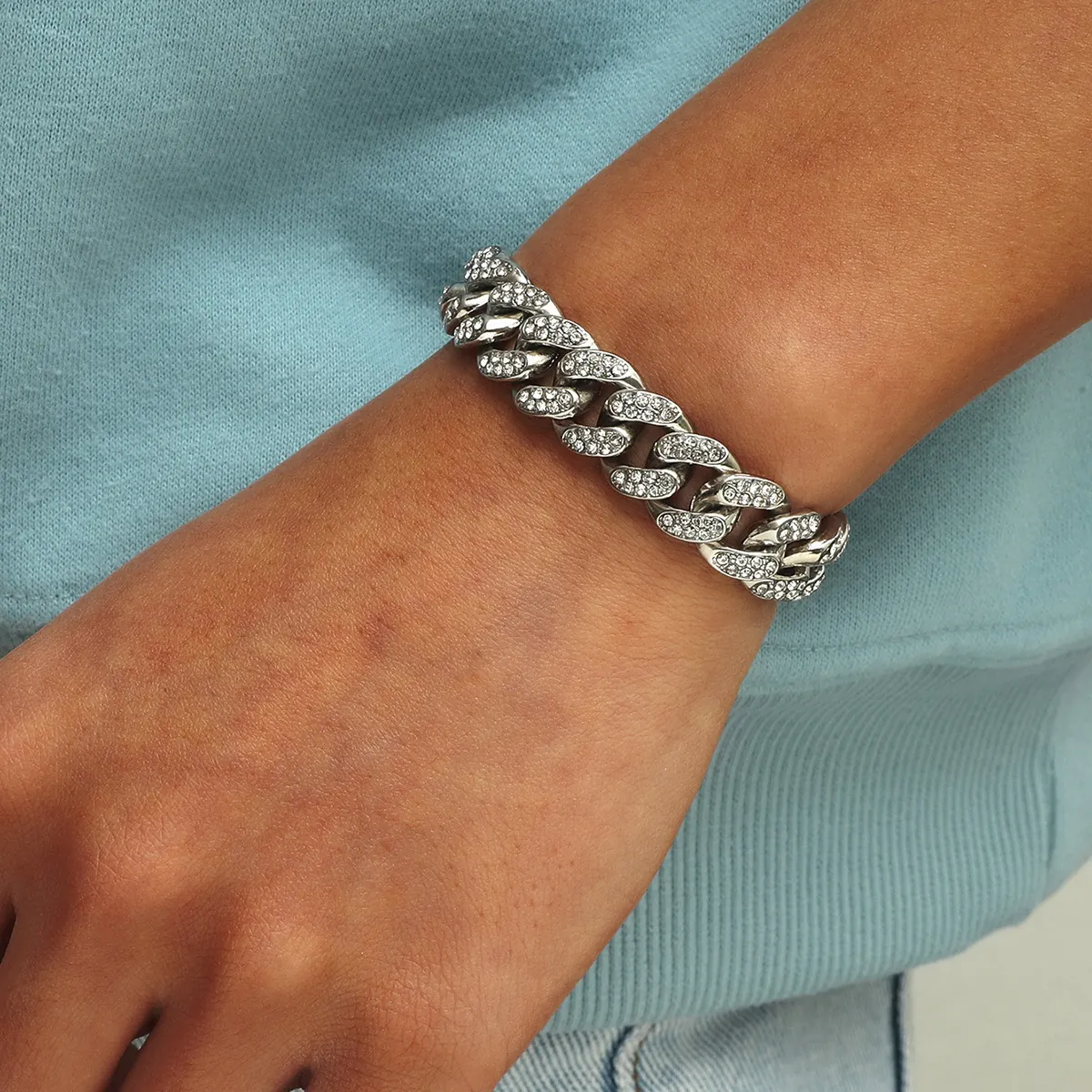 Cuban Link Bracelet Alloy Rhinestones Iced Out Hip Hop Style Fashion For Men Sparkly Shiny