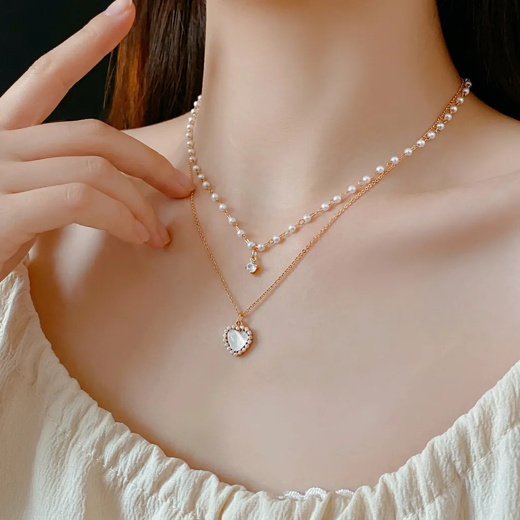 Collier Double Couche Avec Pendentif Coeur Künstliche Perles D'eau Douce Et Zircon Chaîne De Clavicule Élégante En Cuivre Pour Femme