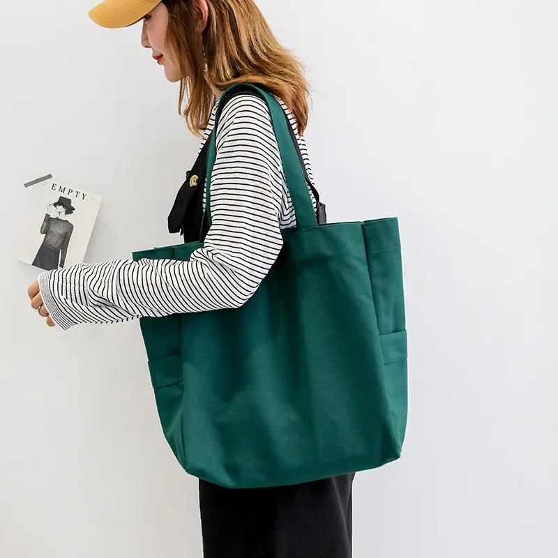 Women Large Capacity Canvas Tote Bag Vintage Solid Color Shoulder Bag With Side Pocket Casual Shopping Handbag For Daily Use