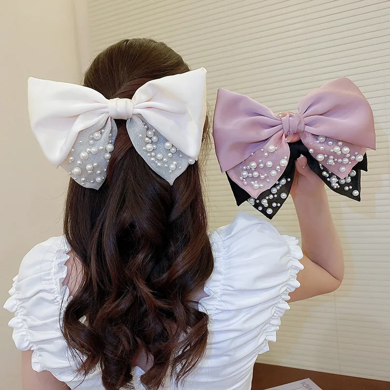 Molletta Per Capelli Con Fiocco In Raso Grande Eleganti Künstliche Perle Sintetiche Rete Stile Coreano Dolce Ornamento Per Capelli Da Donna Forcina