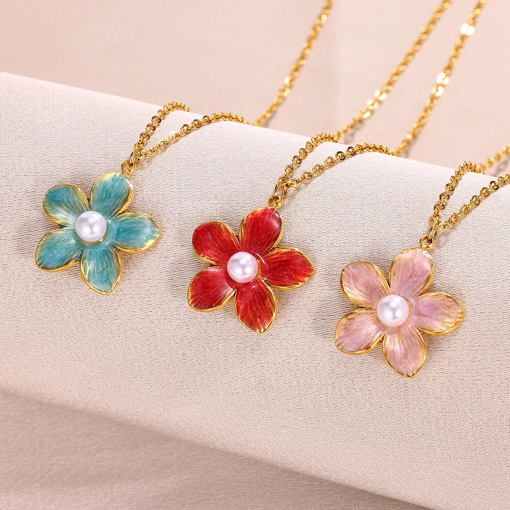 Flower Artificial Pearl Pendant Necklace Stainless Steel Enamel Floral Sweet Elegant Jewelry For Women Girls