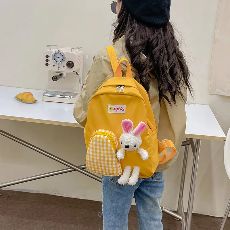 Cute Kids Backpack Nylon Waterproof Toddler School Bag With Plush Rabbit Doll And Plaid Pocket For Kindergarten Boys Girls