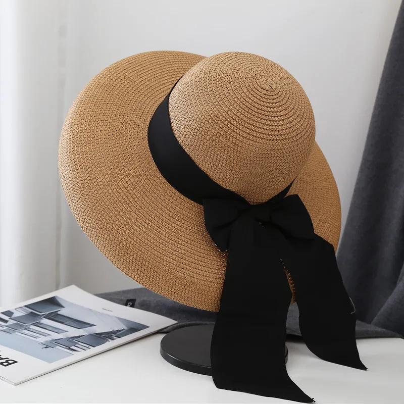 Sombrero De Paja De Ala Ancha Para Mujer Papel Protección Solar Playa Vacaciones Vintage Francés Lazo Elegante Plegable