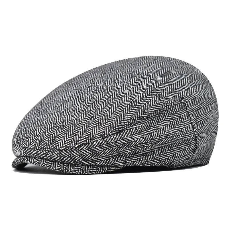British Retro Herringbone Flat Cap For Men Newsboy Beret Adjustable Cotton Blend Vintage Striped Painter Hat Accessory