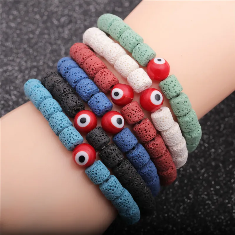 Evil Eye Lava Stein Armband Vulkanstein Perlen Elastisch Ethnischer Schutz Schmuck Damen Herren Boho Amulett Charms