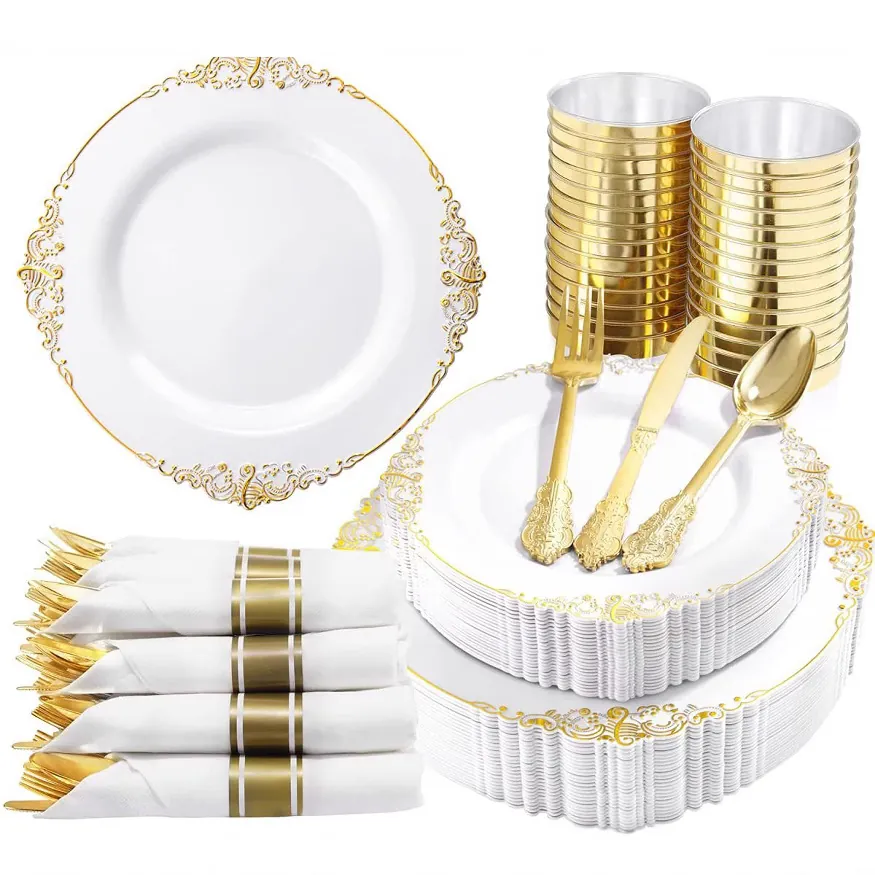 Disposable Plastic Tableware Gold Rim White Baroque Embossed Plates Cups Cutlery Napkins For Party Wedding Banquet Luxury