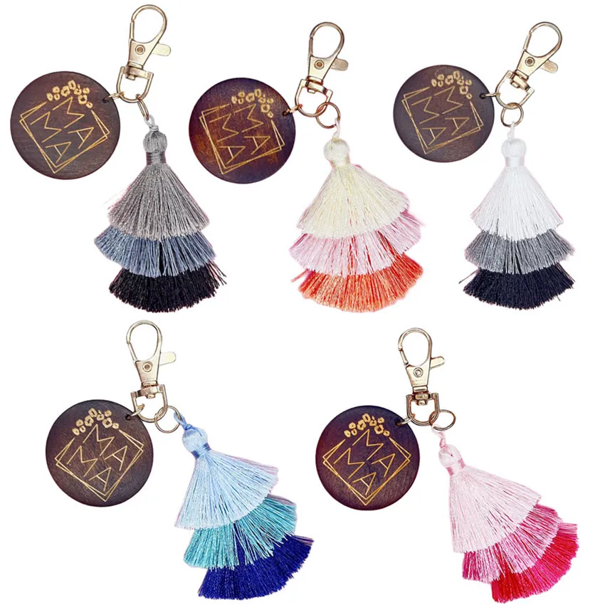 MAMA Letter Round Wooden Keychain With Layered Gradient Tassel Handmade Bag Charm Pendant Mother's Day Gift