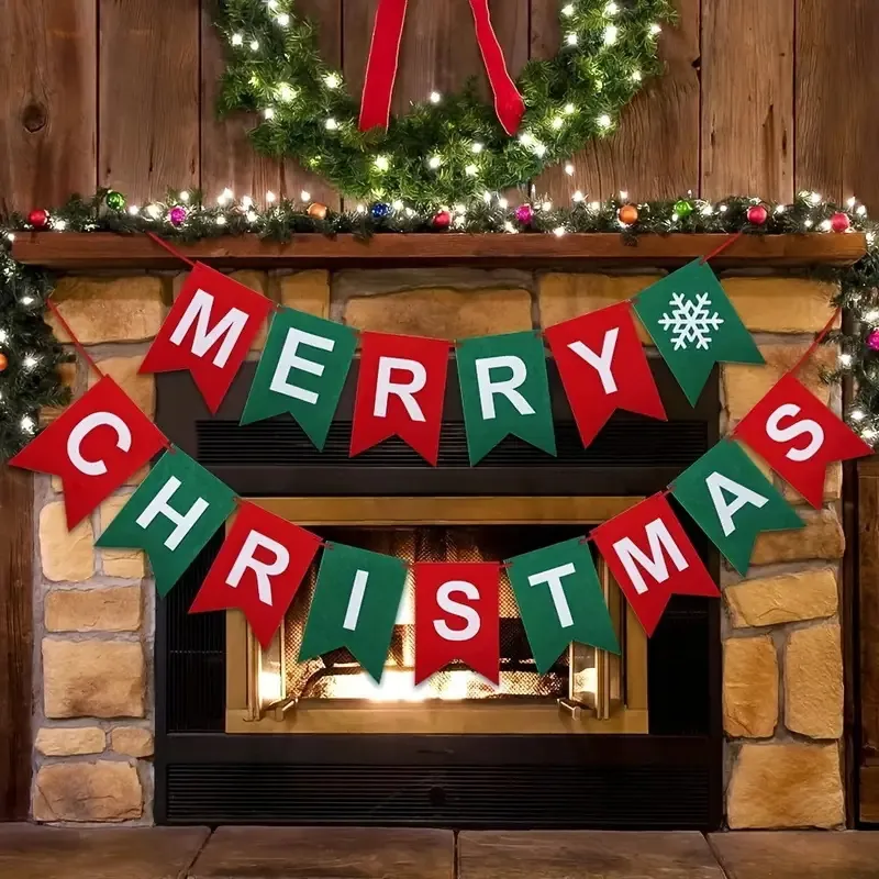 Christmas Banner Merry Christmas Garland Felt Snowflake Hanging Decoration For Home Party Red Green Festive Bunting