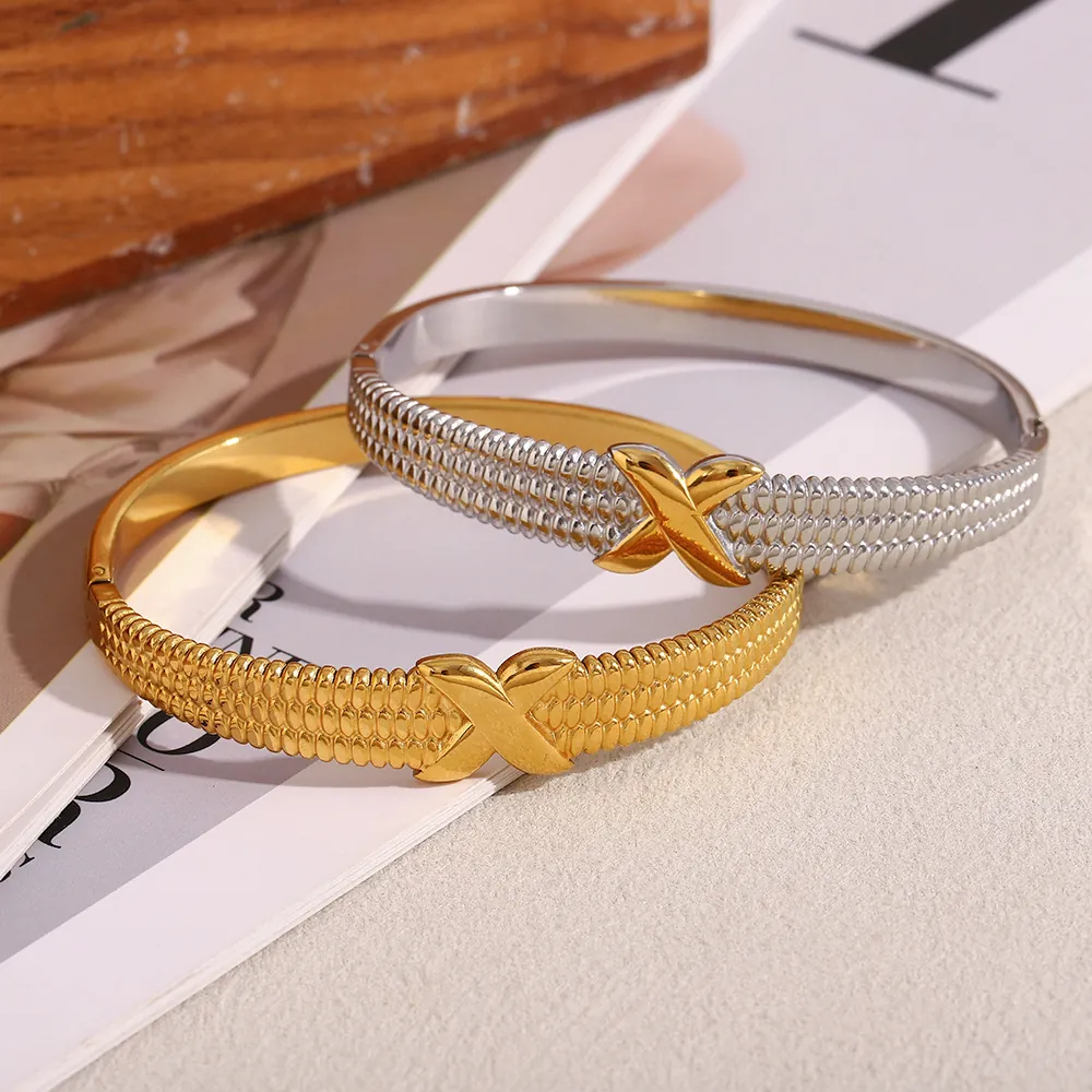 18K Gold Plated Stainless Steel Bangle For Women Woven Texture X Pattern Elegant Hinge Cuff Bracelet Jewelry