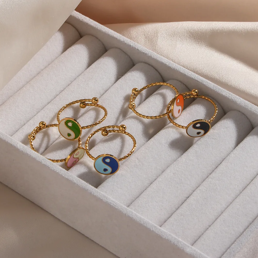 Yin Yang Tai Chi Enamel Ring 18K Gold Plated Stainless Steel Adjustable Colorful Twist Band Fashion Jewelry For Women