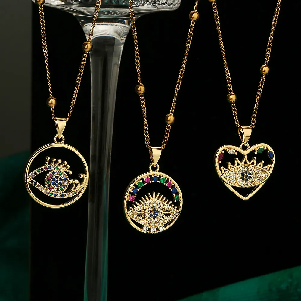 Böser Blick Anhänger Halskette Kupfer Vergoldet Bunte Zirkonia Geometrisches Herz Modeschmuck Damen