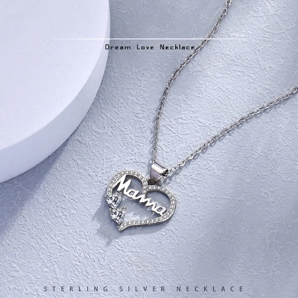 Mama Dreamy Heart Pendant Necklace Copper Platinum Plated Hollow Cubic Zirconia Jewelry Gift For Women Elegant
