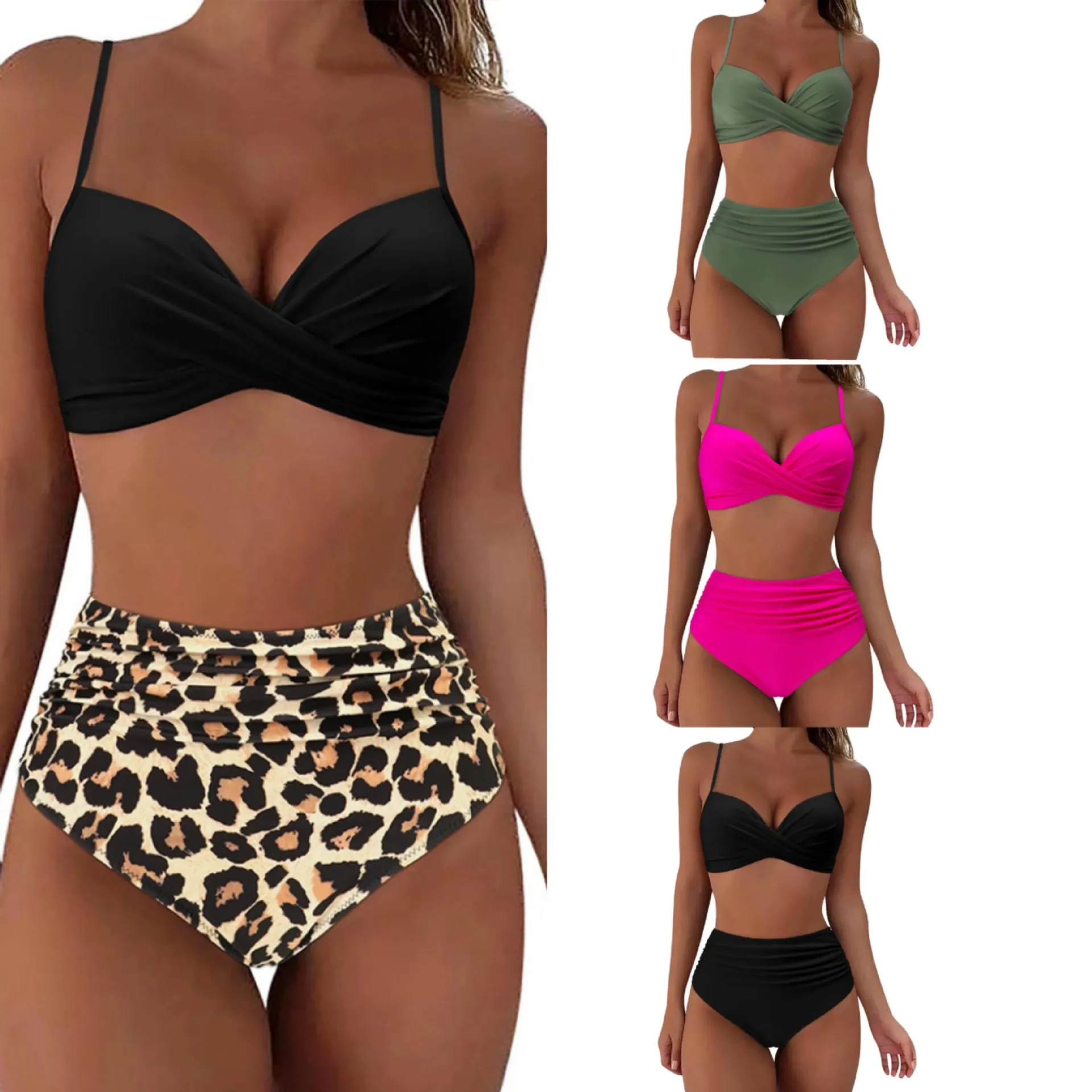 Women Bikini Top And High Waist Bottom Swimsuit Ruched Twist Front Push Up Adjustable Straps Polyester Beachwear