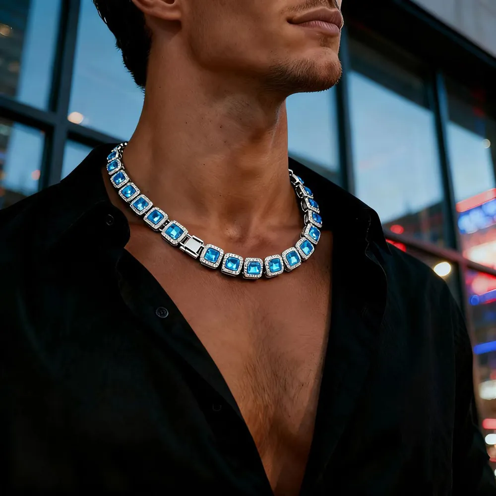 Hip Hop Iced Out Cuban Link Necklace Alloy Square Blue Cubic Zirconia Full Rhinestone Jewelry For Men Women