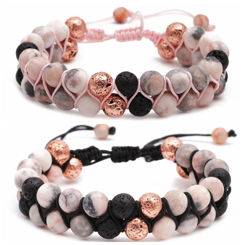Bracciale Con Perline In Pietra Zebra Rosa E Pietra Lavica Con Rame Intrecciato A Mano Regolabile Per Coppie