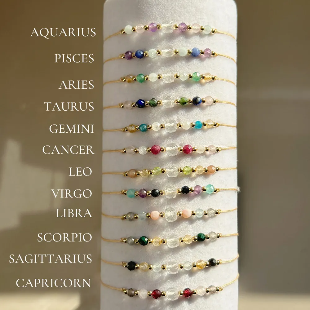 Zodiac Signs Natural Stone Bracelet Handmade Adjustable Woven Cord Gemstone Jewelry Gift For Women Men Bohemian Style