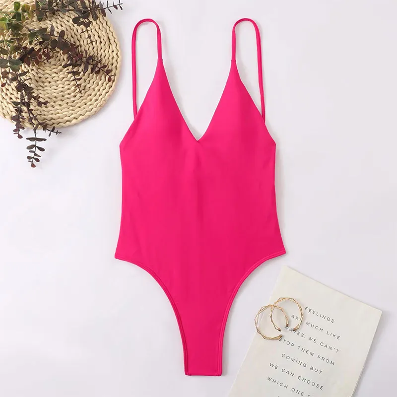Swimsuit Deep V Neck Spaghetti Straps Backless High Cut Solid Color Slim Fit Beach Vacation Women Summer