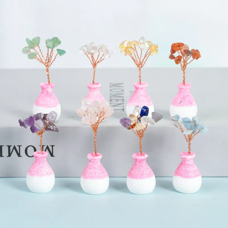 Mini Crystal Money Tree Desktop Ornament Natural Stone Copper Wire Ceramic Base Bonsai For Office Home Decor Gift