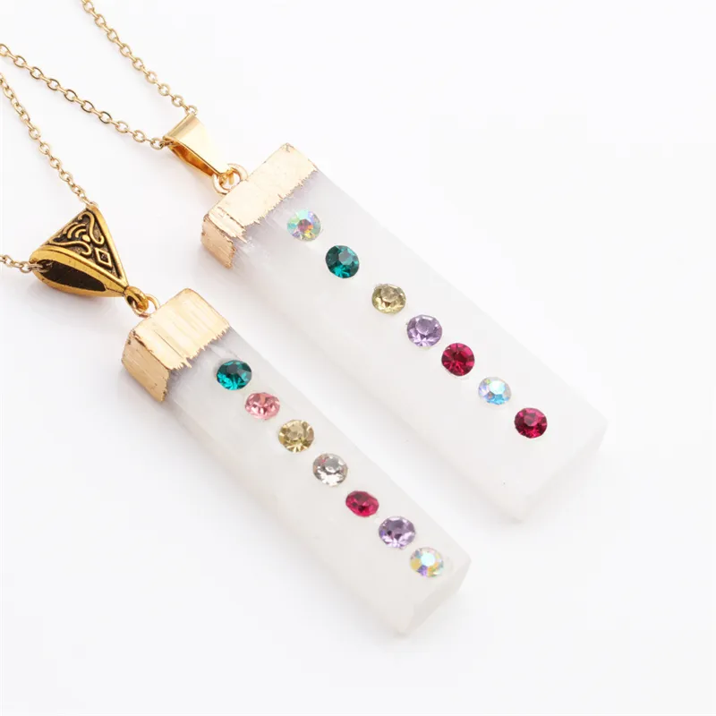 Chakra Selenit Kristall Rechteckig Anhänger Halskette Für Frauen Legierung Box Kette Multi Farbe Straß Mode Schmuck