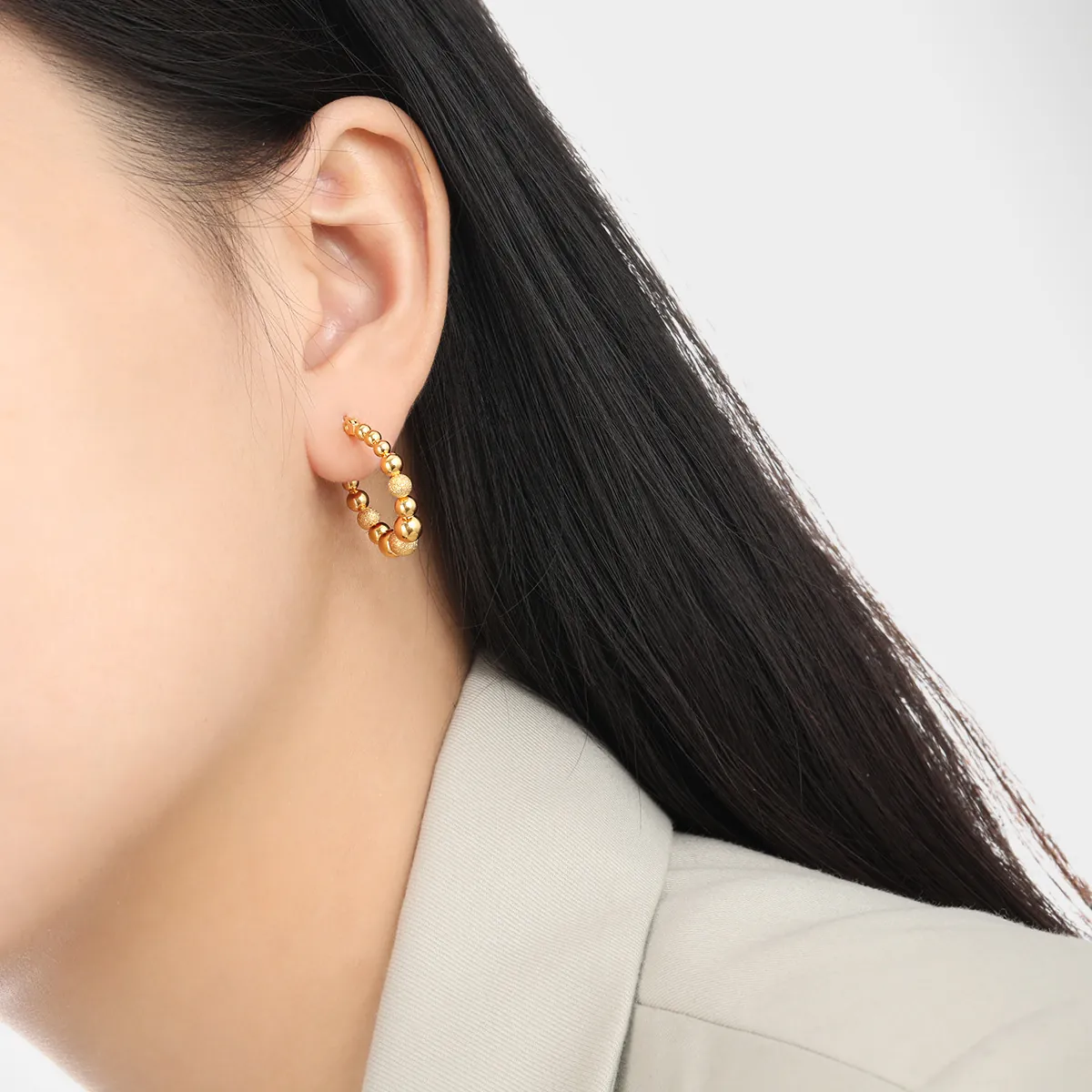 Hoop Earrings Titanium Steel Alternating Polished And Matte Beaded Round Ball Jewelry For Women