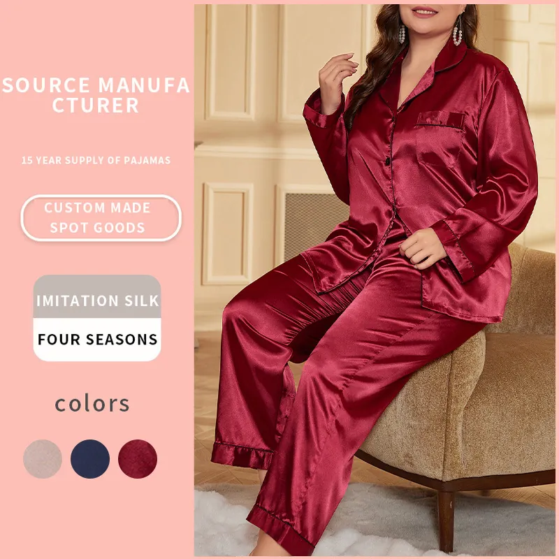 Women Plus Size Pajama Long Sleeve Button Down Top And Pants Satin Contrast Piping Elegant Casual Loungewear