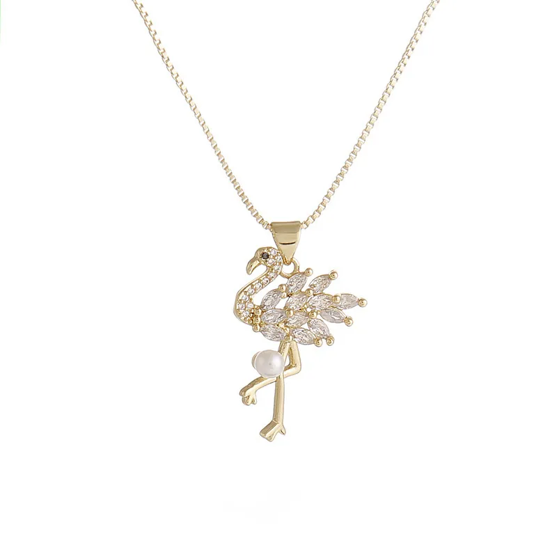 Collier Pendentif Flamant Rose Cuivre Plqué Or Avec Zircon Et Künstliche Perle Bijoux Animaux Élégants Pour Femmes