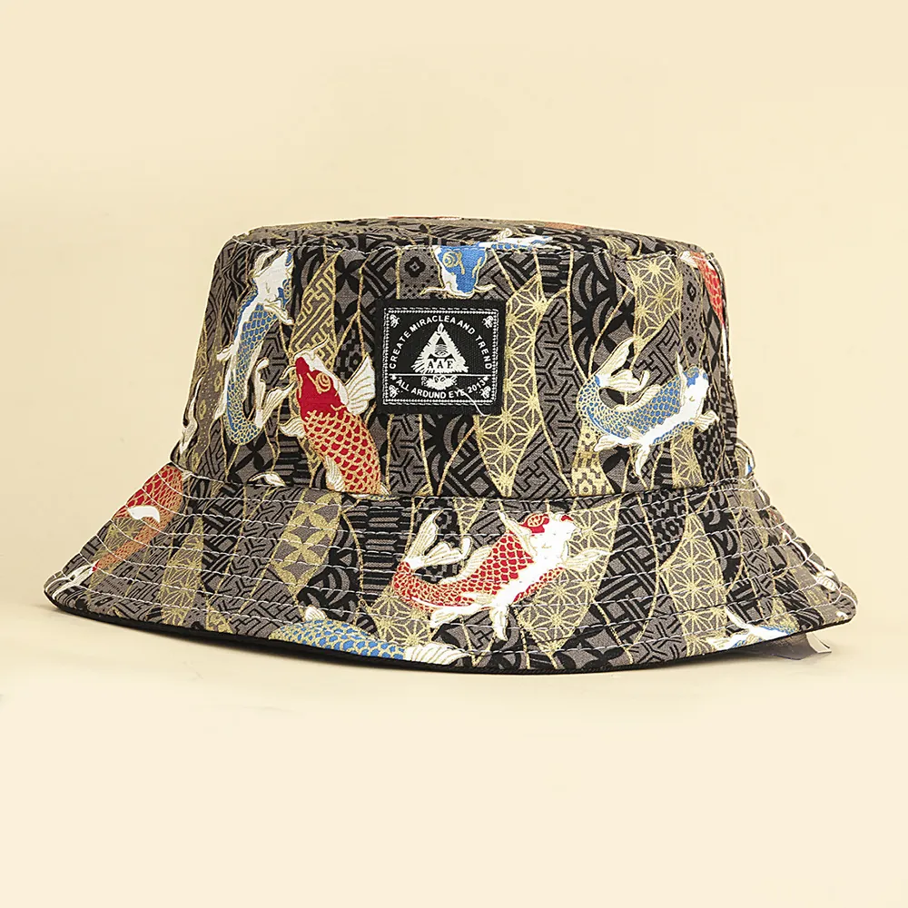 Chapeau Bob En Coton À Motif De Poisson Koï Japonais Double Face Protection Solaire Harajuku Streetwear Vintage
