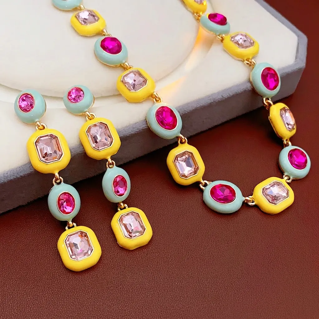 Vintage Luxury Square Geometric Necklace And Earrings Enamel Drip Oil Rhinestone Colorful Alloy With Silver Earring Post Women