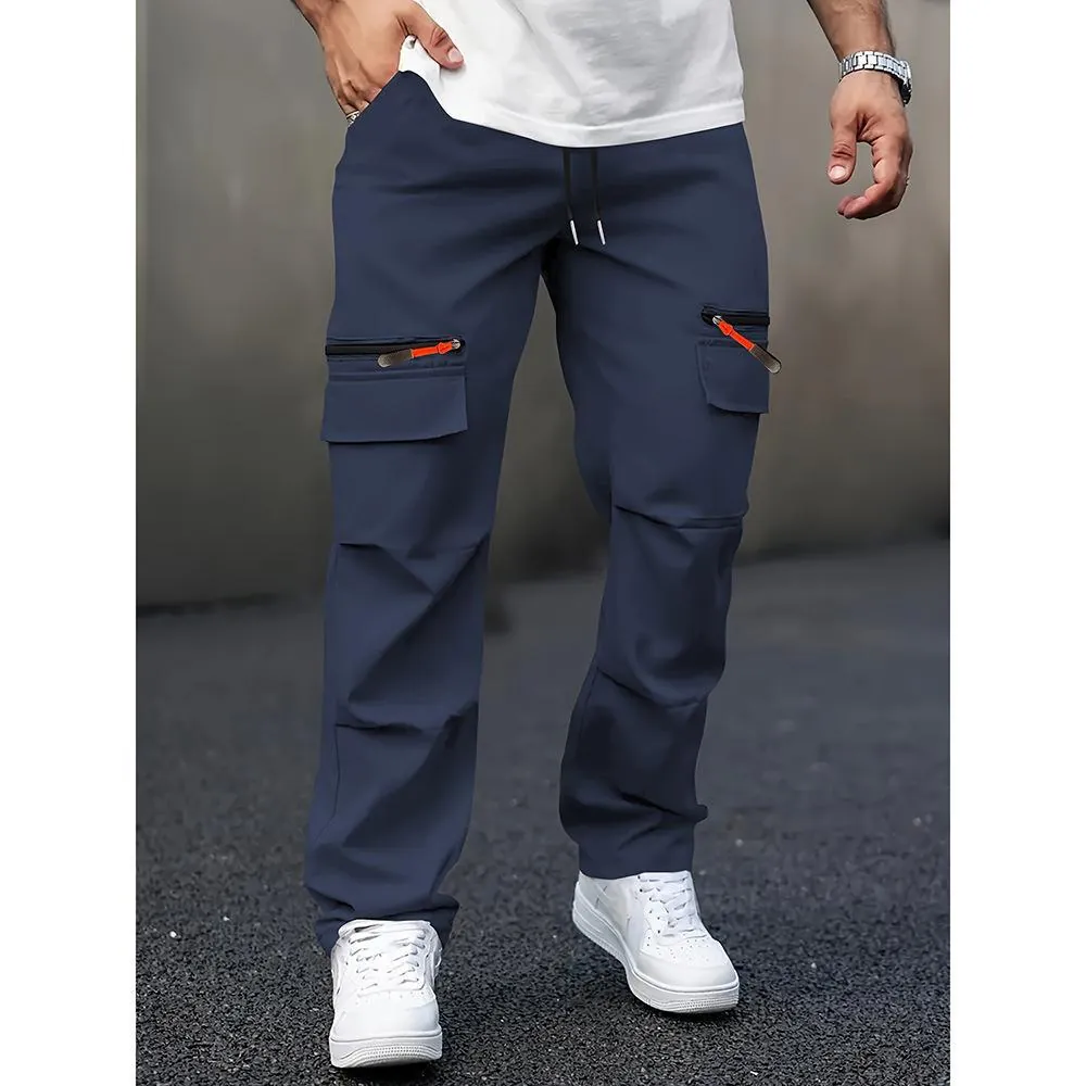 Men's Cargo Pants Multi Pocket Straight Leg Streetwear Polyester Drawstring Outdoor Trousers Contrasting Zipper Details
