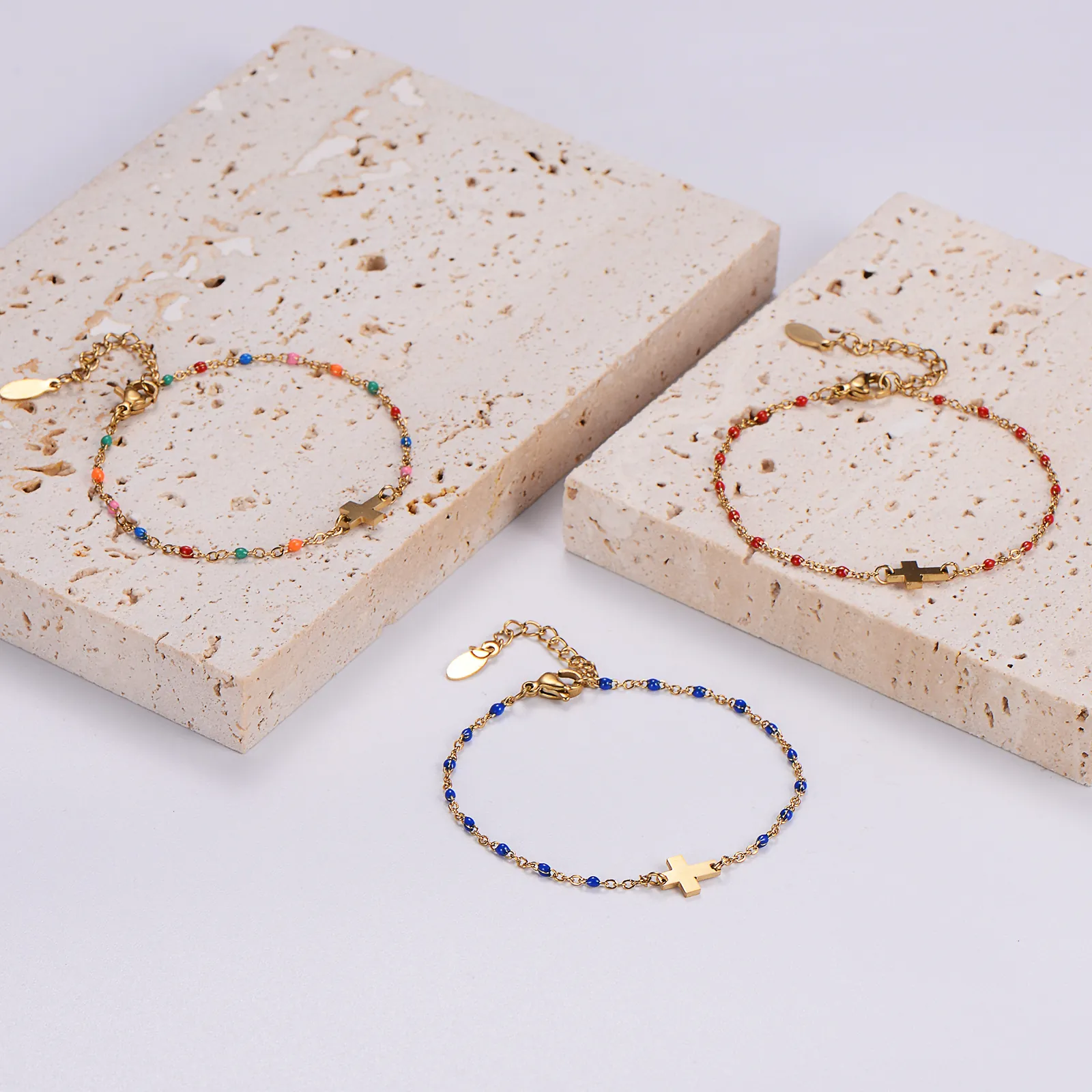 Bracciale In Acciaio Inossidabile Placcato Oro Con Perline Colorate E Ciondolo A Croce Gioielli Religiosi Per Donna Uomo Regolabile