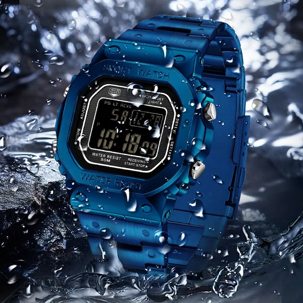 Men Luxury Square Digital Sports Watch Waterproof Stainless Steel Band Business Casual Fashion Multi-functional LED Backlight Electronic Wristwatch