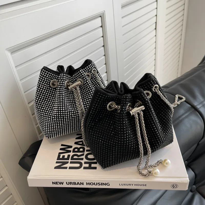 Sparkling Rhinestone Bucket Bag For Women Fashion Drawstring Shoulder Bag With Artificial Pearl Detail Metal Chain Evening Party