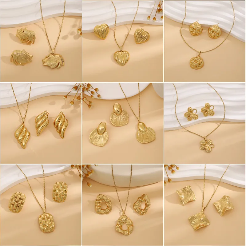 Halskette Und Ohrringe 18K Vergoldeter Edelstahl Geometrische Textur Blume Herz Blatt Schmuck Für Frauen Mode Elegant