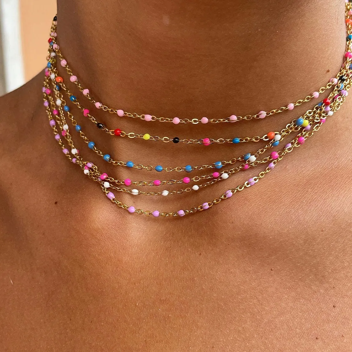 Bohemian Enamel Beaded Stainless Steel Necklace Gold Plated Stacking Chain Jewelry For Women