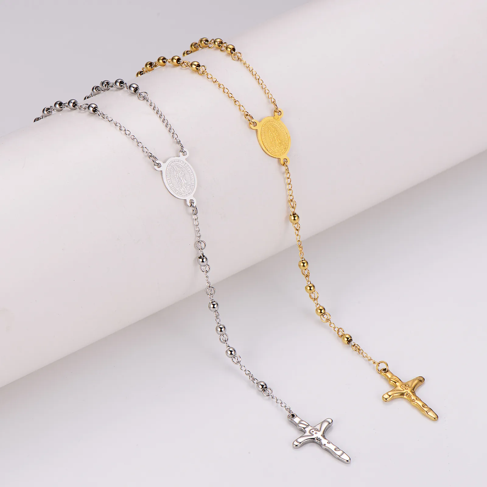 Collier Chapelet Acier Inoxydable 304 Médaille Vierge Marie Pendentif Croix Longue Chaîne À Perles Bijoux Hip Hop
