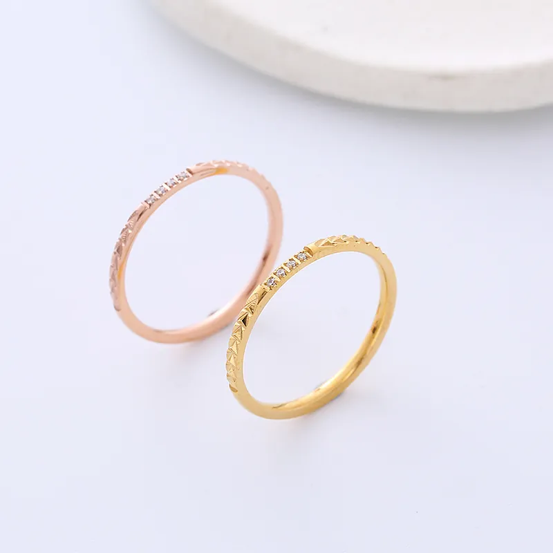Minimalist 316L Stainless Steel Ring For Women 18K Gold Plated Thin Band Geometric Engraving Cubic Zirconia Rhinestone