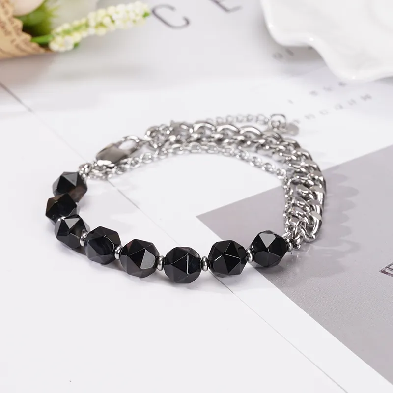 Stainless Steel Natural Stone Tiger Eye Black Agate Beaded Bracelet For Men Women Punk Cuban Chain Adjustable Jewelry