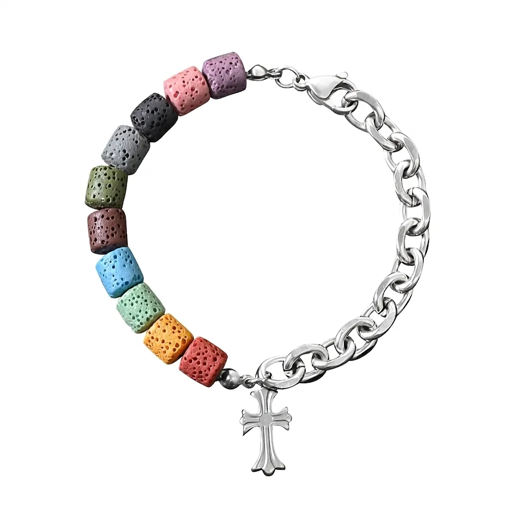 Stainless Steel Bracelet Colorful Volcanic Lava Stone Square Beads Half Chain Asymmetric Cross Pendant Trendy Fashion