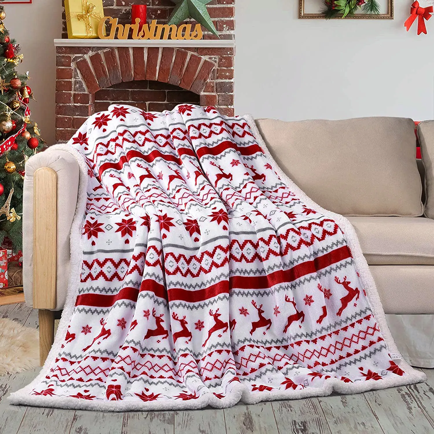 Coperta in Flanella a Doppio Strato Ispessita a Tema Natalizio Stampa Digitale Alce Fiocco di Neve Caldo Plaid Divano