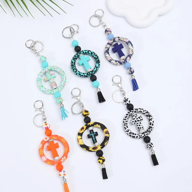 Handmade Plastic Resin Cross Car Hanging Keychain With Tassel Sunflower Leopard Print Religious Ornament For Auto Decor Women