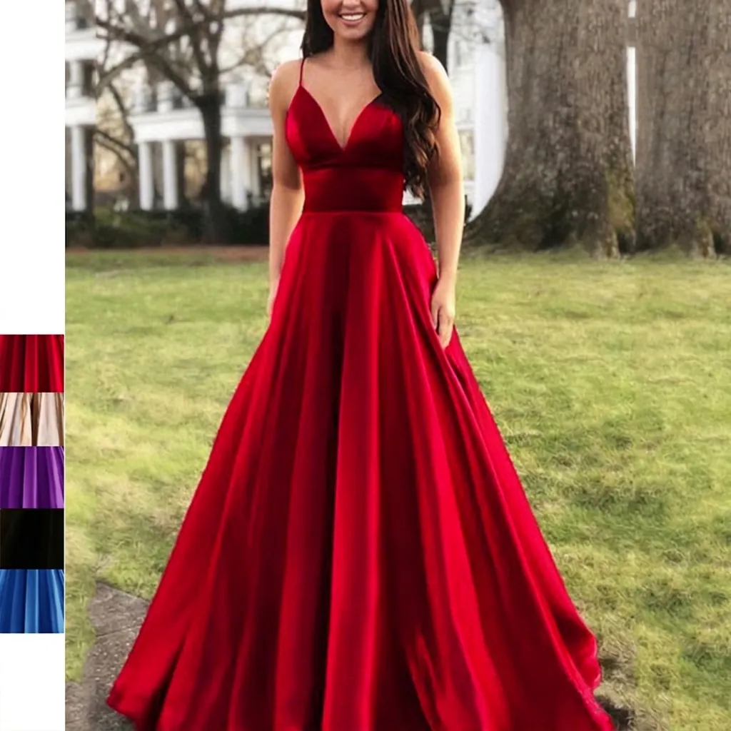 Robe Longue En Satin Élégante Pour Femmes Col En V Sexy Bretelles Dos Nu Robe De Soirée Unie Pour Banquets Formels