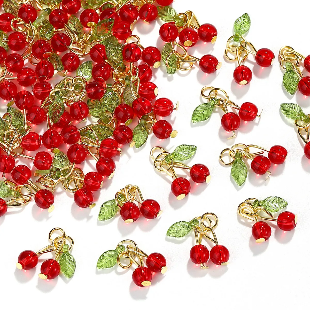 3D Cherry Charms Fruit Pendants Glass Beads With Gold Alloy Ring For DIY Jewelry Making Necklaces Earrings Accessories