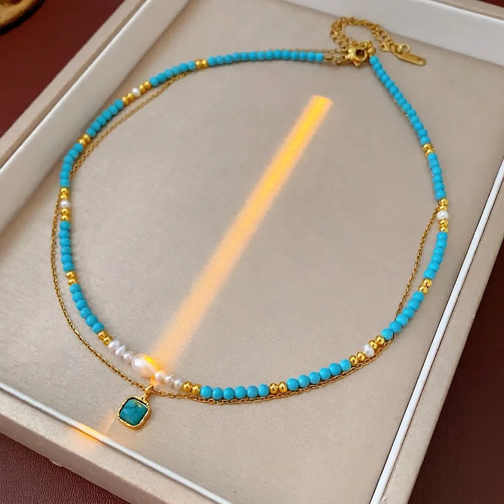 Collana A Doppio Strato Con Turchese E Perla Dacqua Dolce Ciondolo Quadrato Placcato Oro Stile Bohémien Vintage Donna